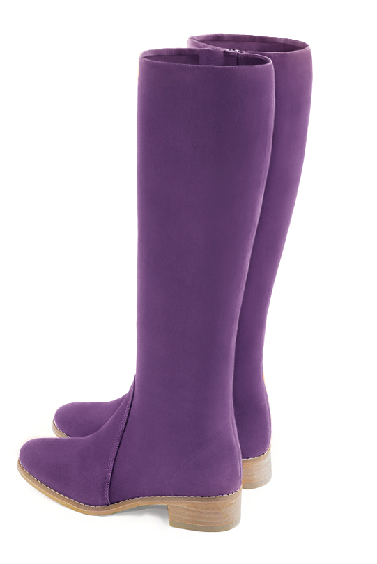 Amethyst purple women's riding knee-high boots. Round toe. Low leather soles. Made to measure. Rear view - Florence KOOIJMAN